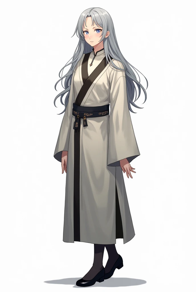 1 adult、whole bodyのイラスト、Gray Hair、Long Hair、Blue Eyes、Slanted Eyes、exotic、Long Chinese dress、front、whole body、Background white、Black tights、Black shoes、6 heads、Japanese、Large face