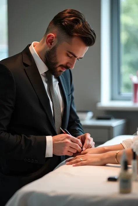 Give me a picture of a person who is a man dressed for a nail shop 