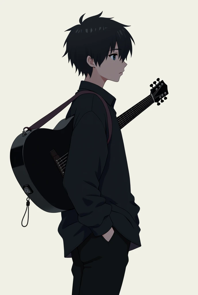 anime teen with black guitar on back  black hair and black pants and shirt