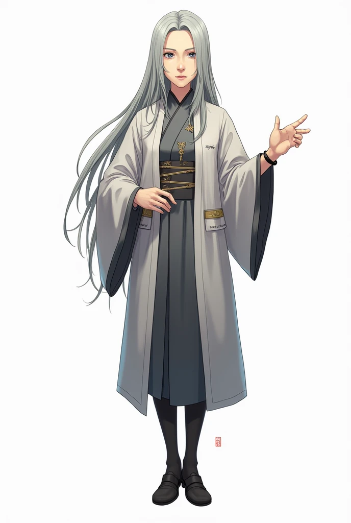 1 adult、whole bodyのイラスト、Gray Hair、Long Hair、Blue Eyes、Slanted Eyes、exotic、Long Chinese dress、front、whole body、Background white、Black tights、Black shoes、6 heads、Japanese、Large face