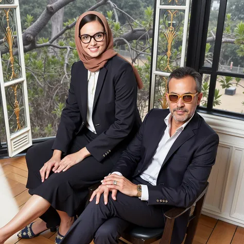 realistic photo of man and Hijabi women wearing brown wooden eyewear made in wood, background has some plants and branches of tree.
