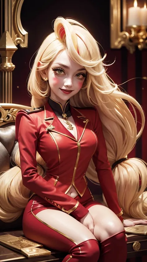 Distorted fantasy letters, (Letters in the background), symmetric, (Gold bars ), diamonds, Charlie Morningstar, long hair, red costume, red pants, 1 girl, yellow sclera, blonde hair, White skin, perfect anatomy, smiling, is sitting, The head is turned towa...