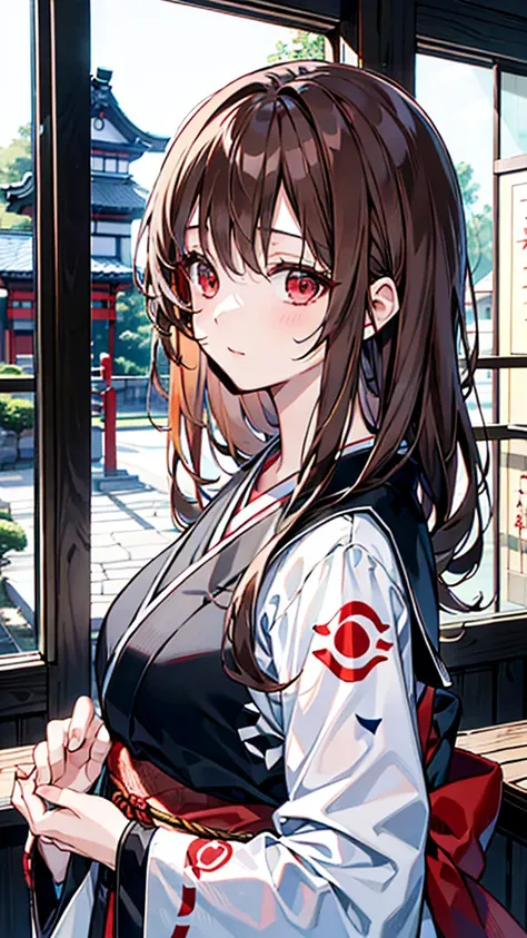 A beautiful young girl with long, reddish-brown hair in a straight style, delicate features with slit eyes and red eyes, gentle colors, high resolution, Japanese illustration style, a high school girl, Slanted Eyes, Private Server, 