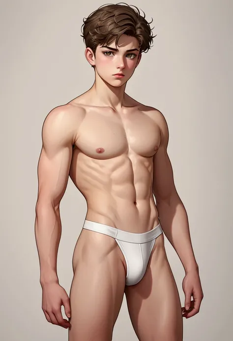 A sixteen year old boy, good looking, fine European features, light eyes, white skin, wearing only a tight thong, Toned body, beautiful appearance, big pectorals, very strong legs, sad look, with great regret, and a big lump between the legs.