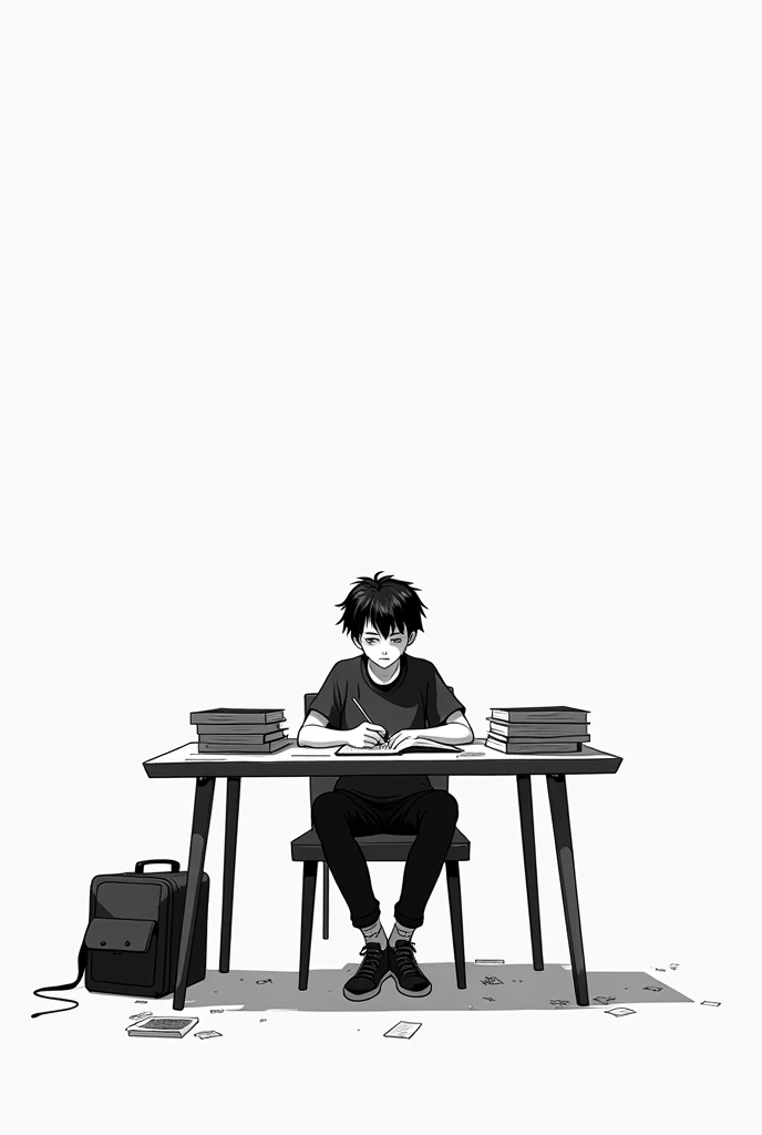 Student studying hard for exam sitting on chair with table black and white age is 20