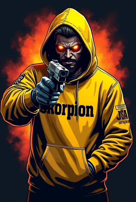 Make a sports logo of a gangster holding a gun with eyes that look like super power and yellow sweatshirts with the name Skorpion on the sweatshirt 