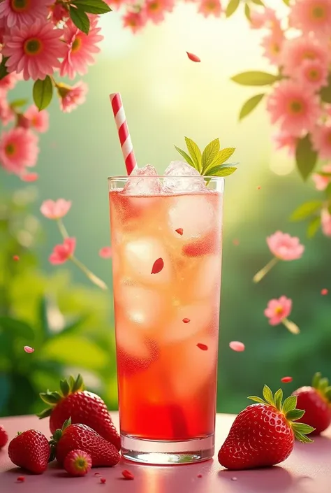 Garden cafe advertising poster, has pink orange green tone, thêm dòng chữ "garden" with a big glass of water, horizontal cover with more strawberries, rotate image horizontally