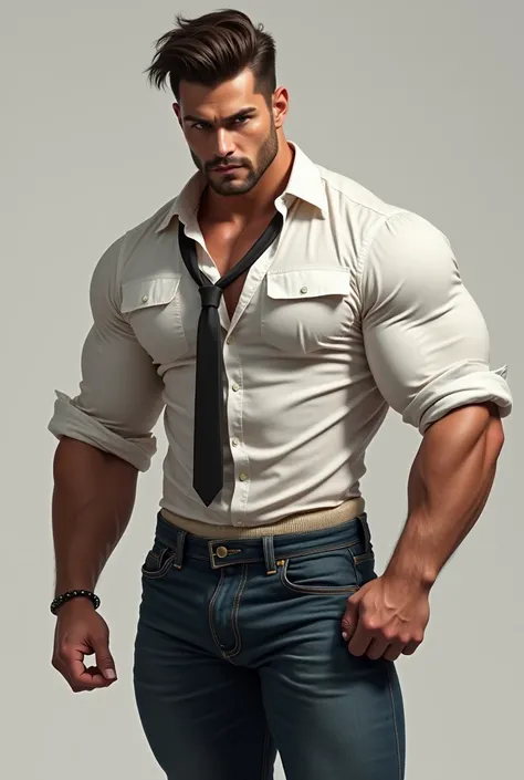 Masterpiece handsome muscular man, perfect face, strong and muscular legs, big bulge in jeans, white oxford shirt with tie, and v-neck sweater, great detail 8k great sharpness, bulging crotch, profile ,