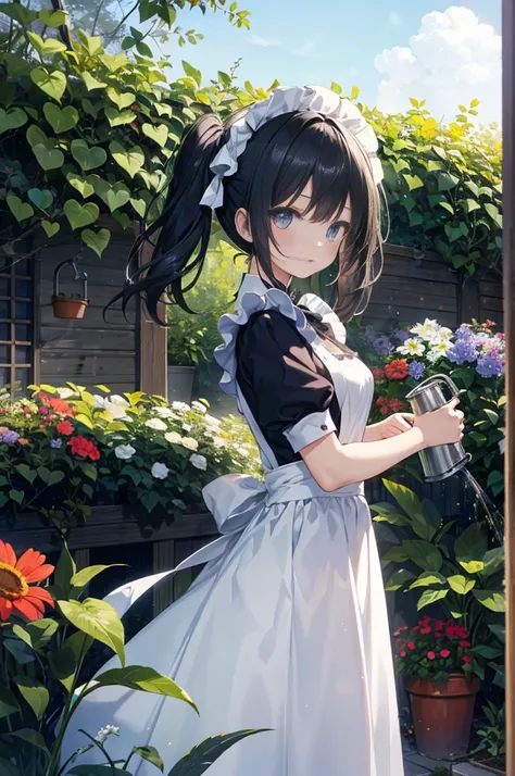 masterpiece、Best Quality、Movie stills、One Girl、Black Hair、Small breasts、Twin tails、blade、Expressionless、Classic maid outfit、Watering the flowers in the garden,Watering can