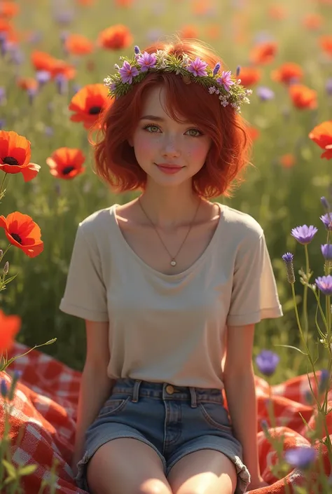 photorealistic, hyperrealistisch, A woman, with short dark red hair, freckles, Slight smile, T-shirt , short jeans, barefoot, Flower wreath in hair, lies in a flower meadow. Mohnblumen, Lavender, blanket, sunshine. 