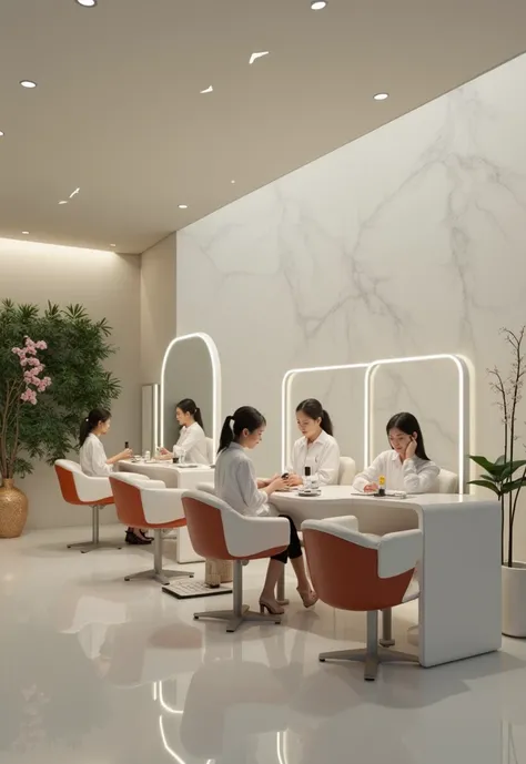 Professional 3d architecture rendering design of modern and minimal and high tech  design for the manicure and pedicure room with shiny  white orange and shiny white leather chairs and modern green space and the  white bid bot with Japanese flowers and two...