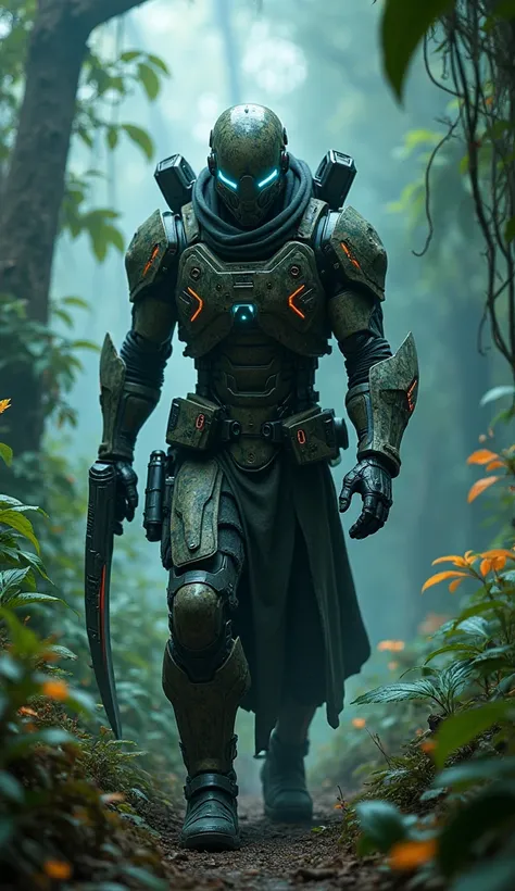 A futuristic warrior in camouflaged armor, wielding a plasma machete, with a robotic mask and shoulder-mounted guns, hidden in the dense, bioluminescent jungle.