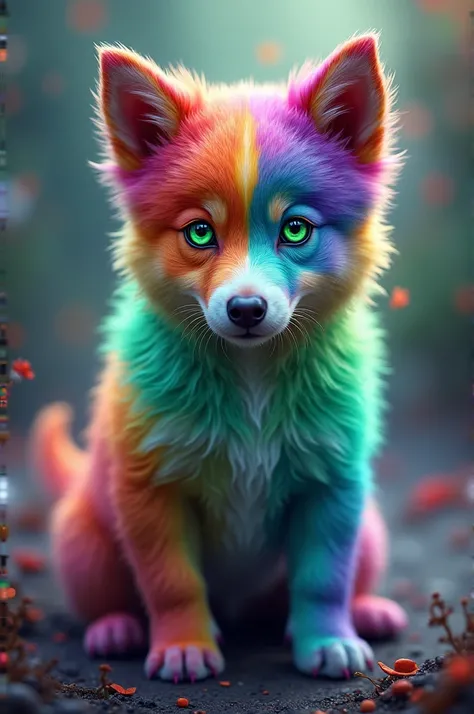 Rainbow dog with green eyes