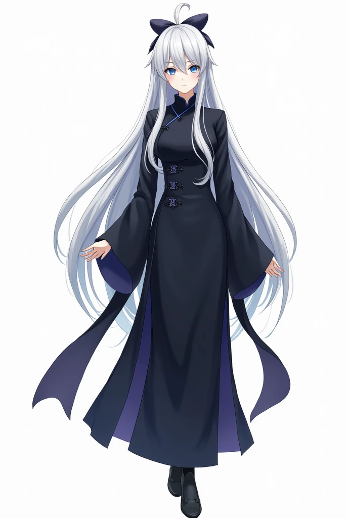 1 adult、whole bodyのイラスト、Gray Hair、Long Hair、Blue Eyes、Slanted Eyes、exotic、Long Chinese dress、front、whole body、Background white、Black tights、Black shoes、anime、Japanese