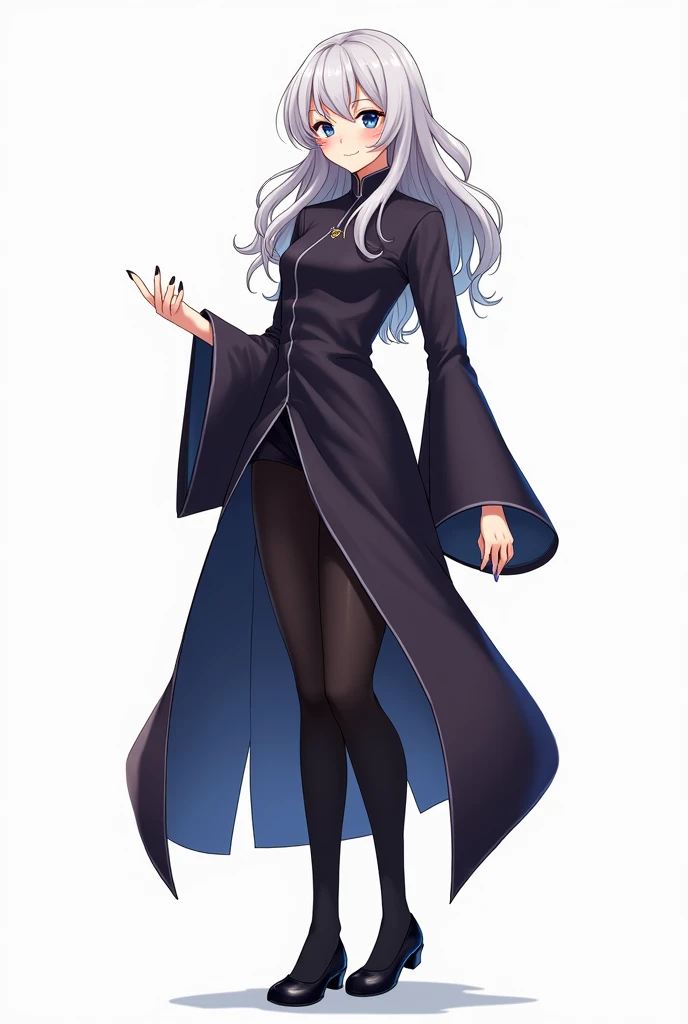 1 adult、whole bodyのイラスト、Gray Hair、Long Hair、Blue Eyes、Slanted Eyes、smile、Winning spirit、exotic、Long Chinese dress、front、whole body、Background white、Black tights、Black shoes、anime、Japanese