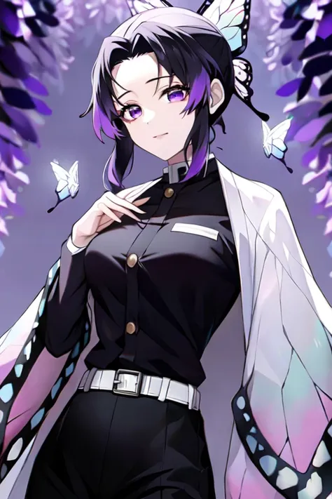 Kochou Shinobu, Multicolored Hair, No bangs, Hair intake, Purple eyes, amount, Black Shirt, Black Pants, Haori, butterfly, button, belt,  