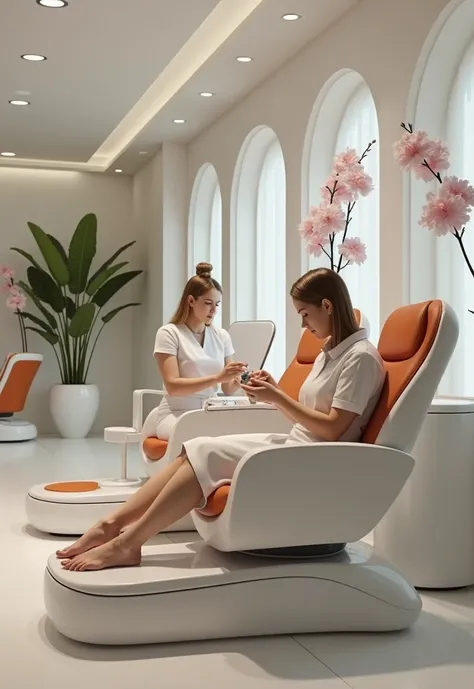 Professional 3d architecture rendering design of modern and minimal and high tech  design for the manicure and pedicure room with shiny  white orange and shiny white leather chairs and modern green space and the  white big bot with Japanese flowers and two...