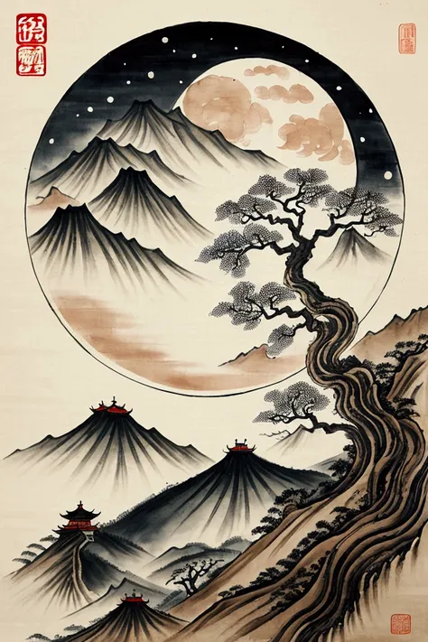 Big Moon，Mountains，Tree，Song Dynasty painting style，Ink Painting，Chinese style