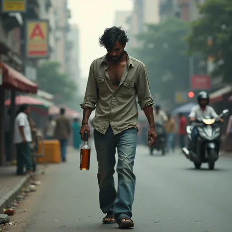 A indian drunken man, in road street, walking, holding alcohol bottle, face expression sad, jeans with shirt, looking like his heart broken,