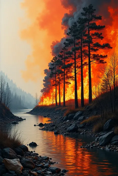 An exhibition work with reference to the fire that we are going through in 2024 with trees in the middle of the fire and black smoke coming out between them next to a river contaminated with garbage. Make it as if it were a work to stick on the school wall...