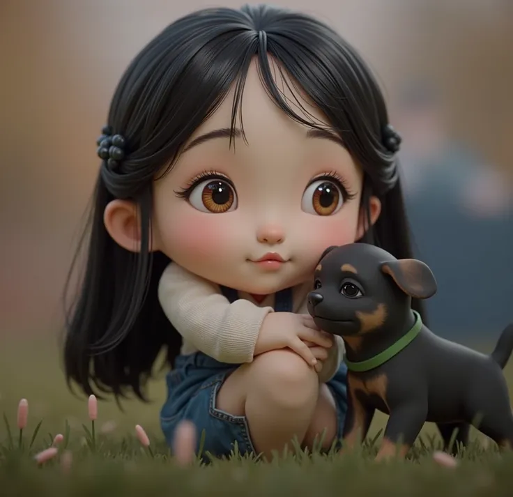 Film image quality，Disney Animation，style of disney animation，Disney Movie Animation，3D Movies，Chinese style，Girl and puppy playing in the field，Short hair and small braids，Denim Ties，The barefoot，Depth of fields，High light，real light，ray tracing，OC render...