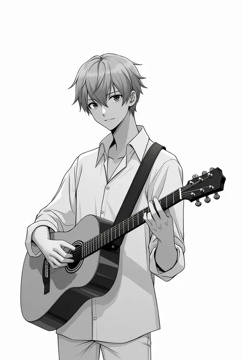 I want to draw an anime picture of a guy playing a hollow guitar without any color.