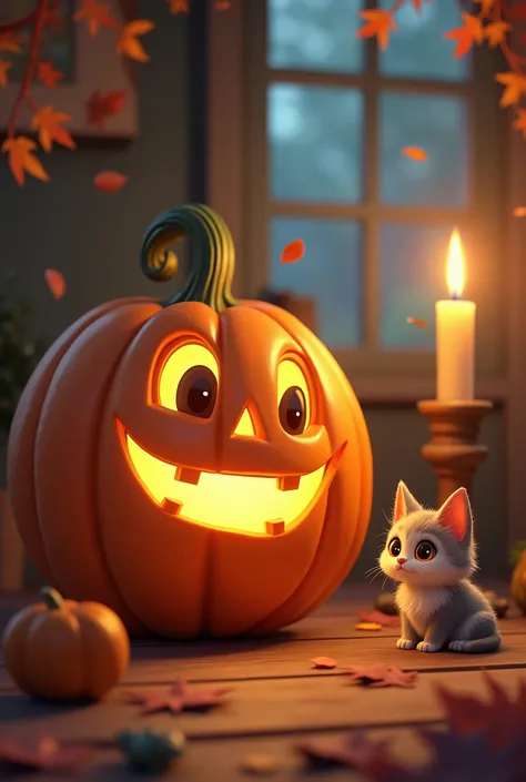 A whimsical Halloween scene featuring a grinning jack-o-lantern with large, cartoonish eyes and a wide smile, surrounded by autumn leaves. Beside it, a fluffy, wide-eyed cat with a soft fur pattern gazes curiously. A lit candle casts a warm glow, while a s...