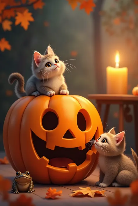 A whimsical Halloween scene featuring a grinning jack-o-lantern with large, cartoonish eyes and a wide smile, surrounded by autumn leaves. Beside it, a fluffy, wide-eyed cat with a soft fur pattern gazes curiously. A lit candle casts a warm glow, while a s...