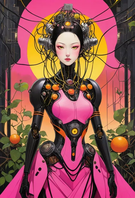 collage painting, many robot geishas, wires, buttons, circuits, vines, twigs, nature, science, dramatic, sexy, romanticism, cyberpunk, neo-classical, experimentalism, baroque, impressionism, expressionism, unexplained beauty, avant garde, art deco, art nou...