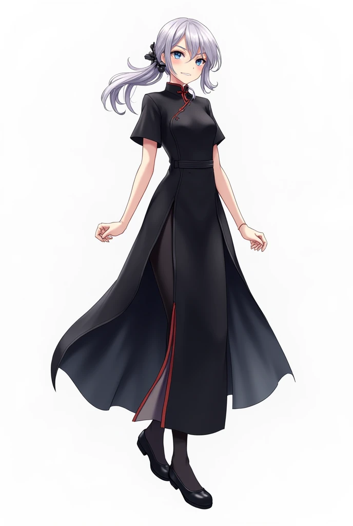 1 adult、whole bodyのイラスト、Gray Hair、Swept-up long hair、Blue Eyes、Slanted Eyes、smile、Winning spirit、exotic、Black long Chinese dress、front、whole body、Background white、Black tights、Black shoes、anime、Japanese