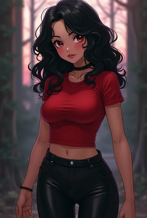 Girl with black hair. Curly red fitted t-shirt and leather leggings, anime,, big lips, Large boobs Girl from behind