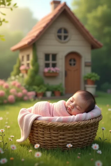 Female baby inside a basket in front of a house