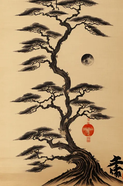 A big moon，There are trees and rabbits in the moon， Song Dynasty painting style，Ink Painting，Chinese style