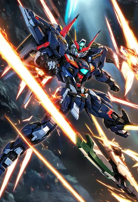 Appearance:

	•	Color Scheme: Deep black and metallic blue with silver and crimson accents. The Gundam would have a sleek, armored exterior with glowing energy lines and dynamic panels that change color based on the power mode.
	•	Head: The cockpit is hidd...