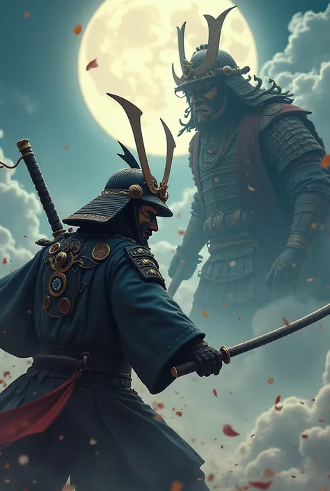 (Best Quality,4K,8k,High resolution,masterpiece:1.2),Very detailed,(Realistic,Realistic,Realistic:1.37),Wearing a samurai mask from the Sengoku period, gun, Buddha relics,Bishamonten、Bishamonten,Fighting God, full moon,cloud,