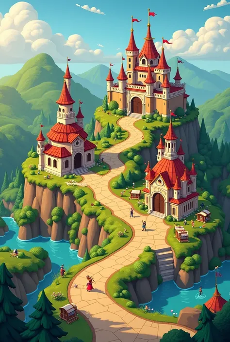 (Create a Dora bujji map that which contains only 3 places in order with name. The first place is disneyland palace from Cinderella cartoon. Second place in the map is Dholak pure village from chota bheem cartoon. Third place is Phurphuri Nagar Village fro...