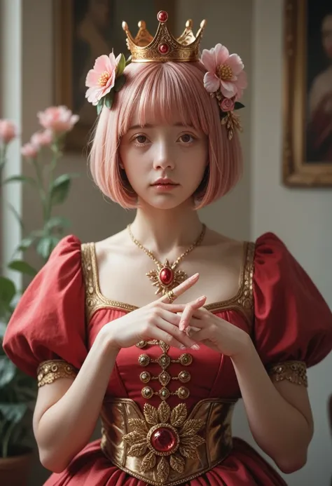 1 beautiful girl, masterpiece, best quality, 8K animation, detailed fingers, precise fingers, not unnatural hands, illustration, 1 girl, solo, pink bob cut, gold crown, flower hair ornament, sagging eyes, red mini skirt, YUI