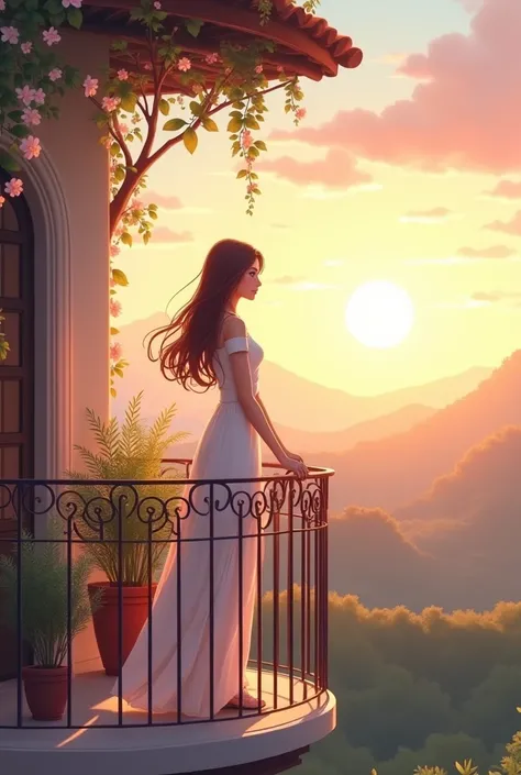 A beautiful girl about  stand on her balcony in beautiful morning 