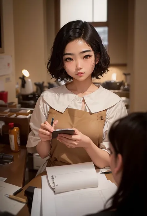 asian girl, japanese girl, cute, young, teenager, black hair, luscious hair, wavy hair, cute eyebrows, thin eybrows, cute eyes, small nose, thin lips, plump lips, cute face, no makeup, busty, busty chest, petite, light skin, waitress, brown top with white ...