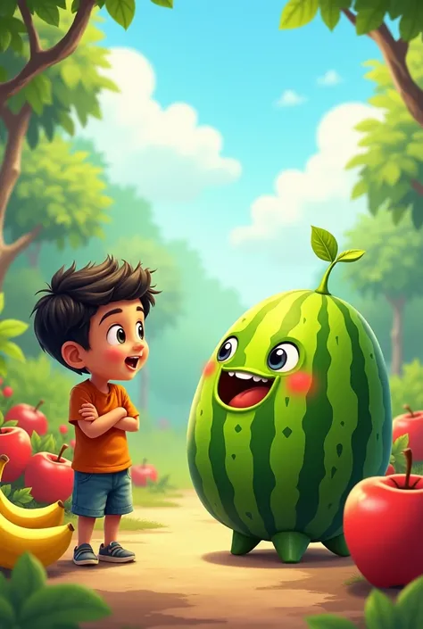 "Raju, a curious boy, is asking a calm and cool watermelon (Tuku Watermelon) about life in the fruit world. The watermelon has a pleasant, chilled expression and speaks in a soft voice, explaining how they play all day, sing songs, and enjoy themselves. Ot...