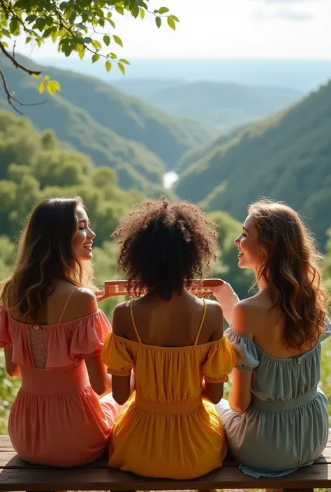 One girl palying guitar and other two girls are singing. A picture take from back side.They are sitting on a bench in a beautiful view.The girl who plays guitar has curly hair. Other two have wavy hair. They are wearing varies frocks