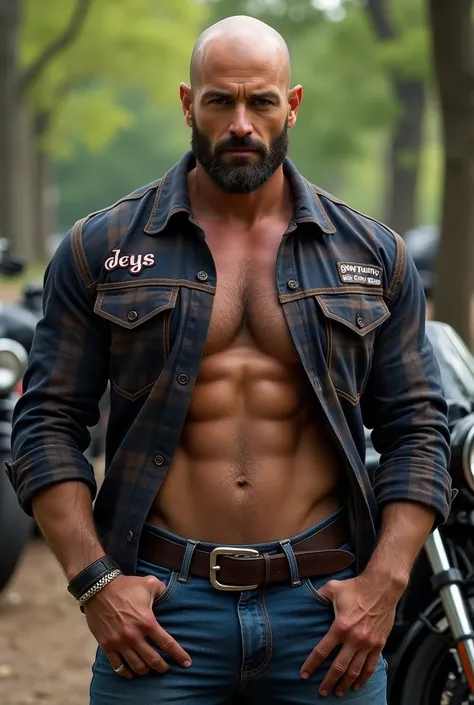 Handsome oversized bald man wearing an unbuttoned dark brown plaid shirt with two pockets and a navy blue leather jacket with logos in a park on a heavy motorcycle , hairy body, bigbulge, masterpiece , 25 years 