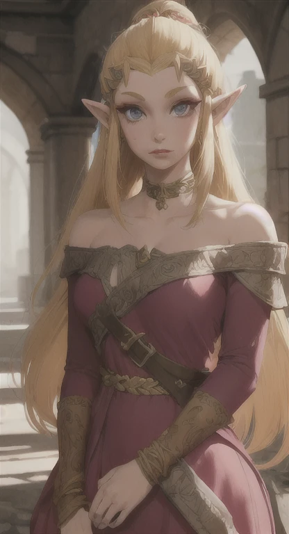 Ancient Hylian, lore accurate, blonde, princess Zelda, looking at viewer, POV, classic dress, long messy hair, ancient Hyrule, Hyrule castle, 