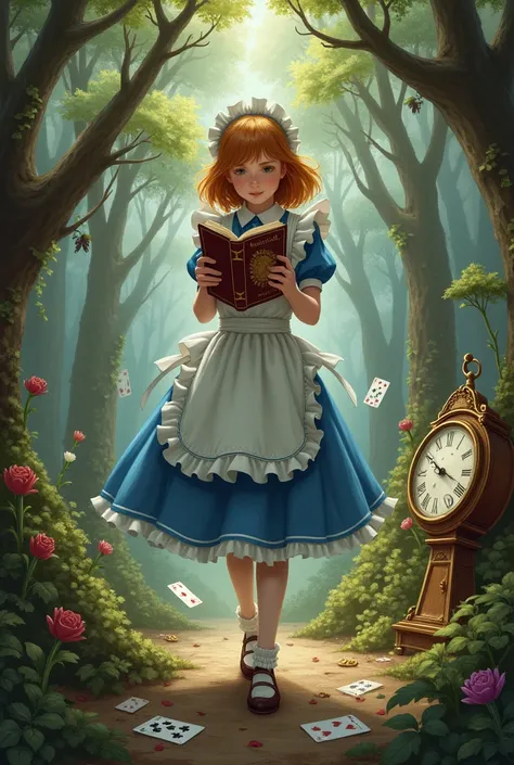 A bronze-haired girl in a blue maid outfit is walking in a strange forest with playing cards and an ancient clock. The front cover says &quot;Wonderland&quot;.