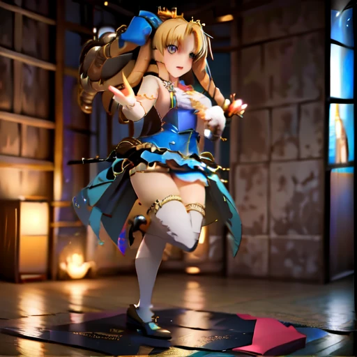 1girl, hatsune miku, princess outfit, crown, gold, ((throne)), in a castle, middle ages, wearing a blue vest, one foot on the gr...