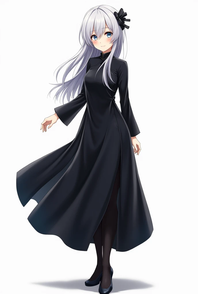 1 adult、whole bodyのイラスト、Gray Hair、Swept-up long hair、Blue Eyes、Slanted Eyes、smile、Winning spirit、exotic、Black long Chinese dress、front、whole body、Background white、Black tights、Black shoes、anime、Japanese