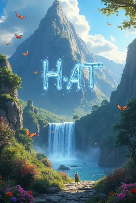 Create a magical mountain with full of fairy and butterfly around, with waterfalls, water drop write semble of a big name "H_A_T" on it background with beautiful color.