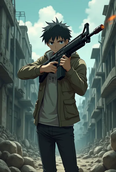 Crie uma imagem de takashi de high school of the dead com uma arma na mão