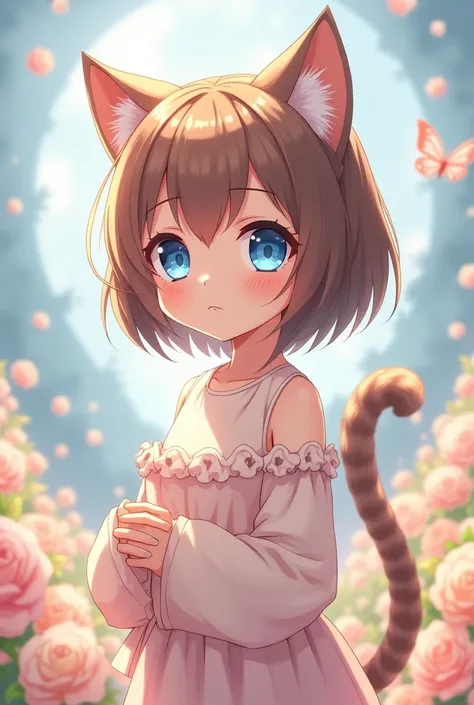 Cat girl, anime, cute, siamese, blue eyes, siamese, brown, white, peach, short hair, human