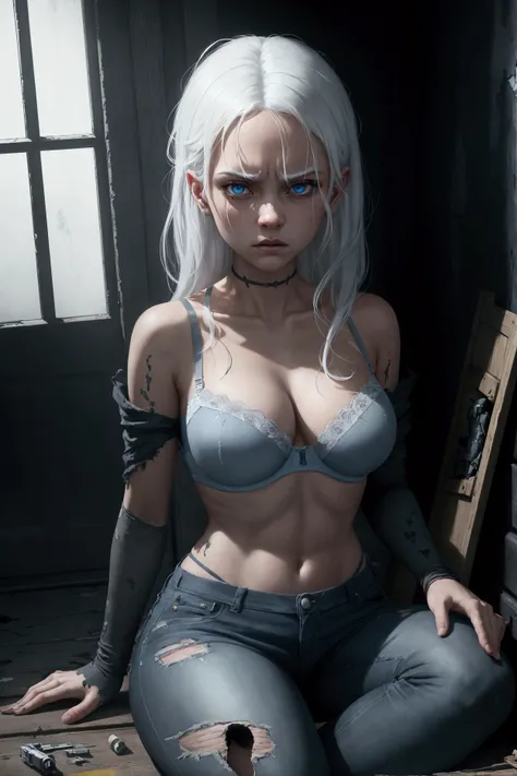 ((suspense scene ((CONCEPT ART)), extremely detailed with a girl wearing blue jeans, and bra), ((4k painting)), [(dynamic angle,((1girl)),white hair, (beautiful face, perfect face, scared,) expression of fear, torn clothes, a gun in hand, sitting on the fl...